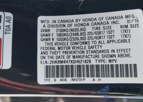 2016 Honda Cr-V Ex-L from USA, damaged, VIN 2HKRM4H7XGH621828
